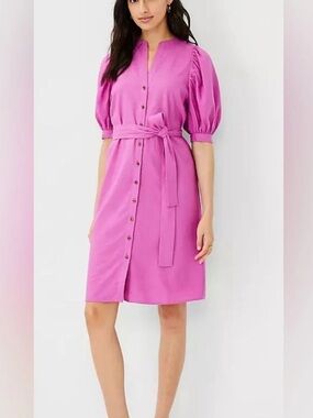 Ann Taylor Fuchsia Button-Front Puff Sleeve Dress